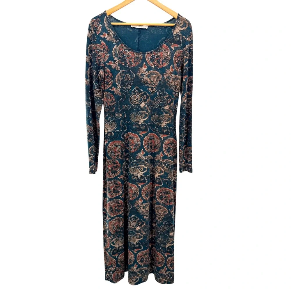 Peruvian Connection Ming Teal Dragon Cloud Print Cotton Lycra Midi Dress  M - Picture 2 of 6